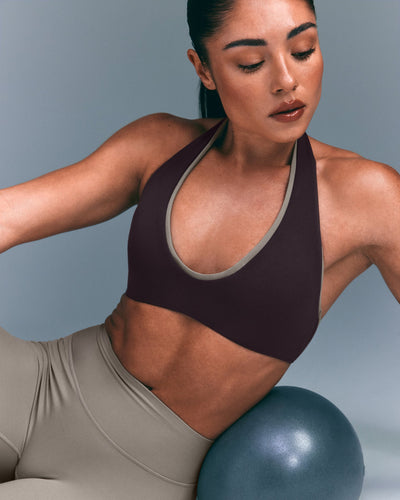 SoftMotion™ Minimal Halter Neck Bralette with Gray Logo | Dark Umber Brown