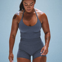 SoftMotion™ Strappy Halter Neck Mid Tank Top with Built in Bra Shelf | Granite Blue