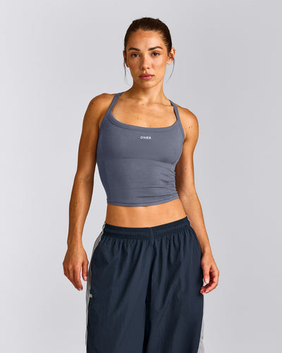 Mellow™ Rib Racer Back Mid Tank Top with Built in Bra Shelf | Granite Blue