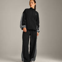 Oversized Contrast Piped Woven Straight Leg Track Bottoms | Black