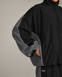 Oversized Contrast Piped Woven Track Jacket | Black