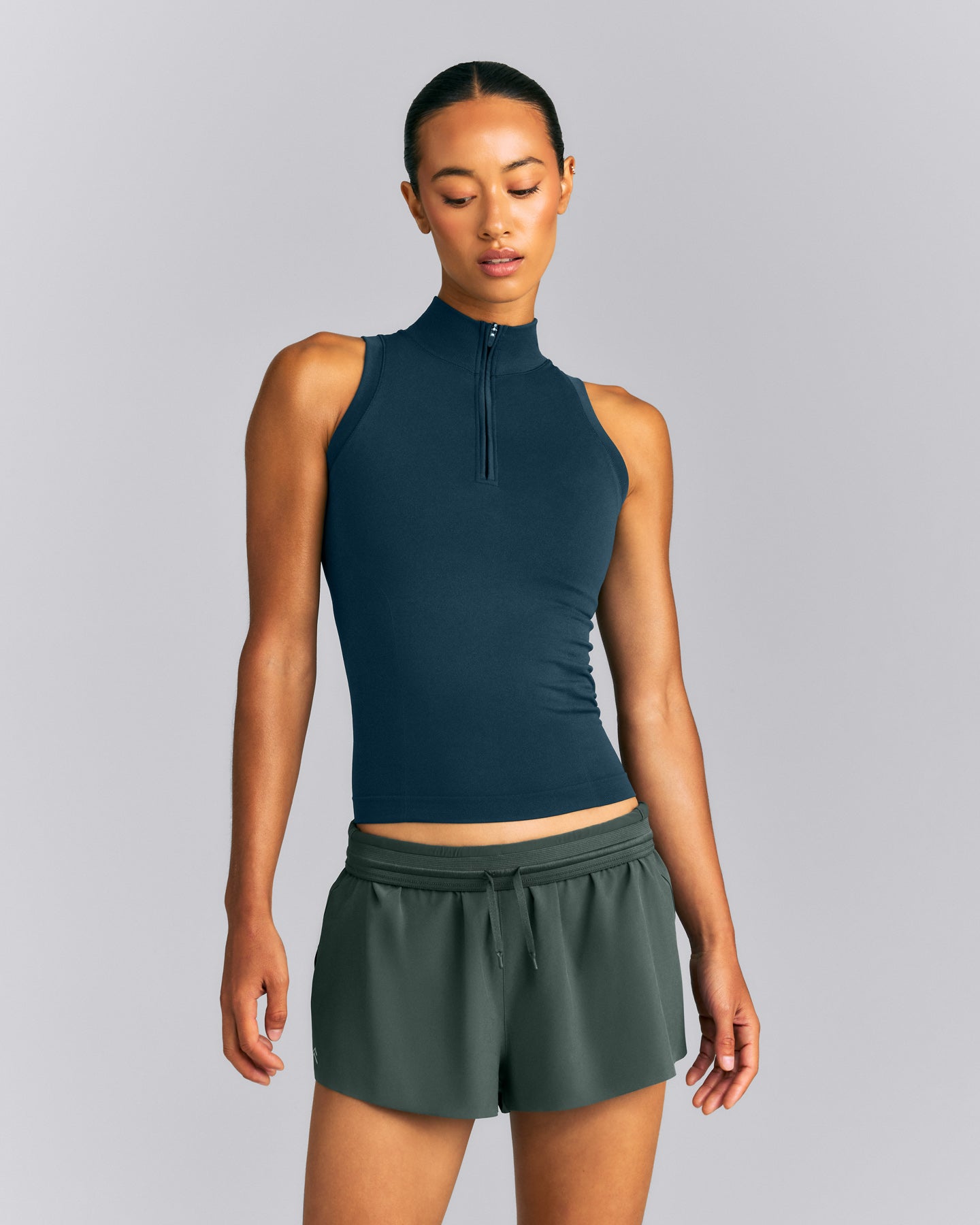 Oner Seamless Mid Weight Fitted 1/2 Zip Tank | Washed Oil Blue