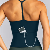 UnifiedMove™ T Back Mid Tank Top with Gel Pockets and Built in Bra Shelf | Oil Blue