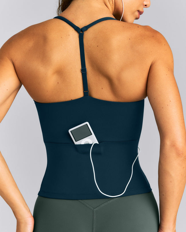 UnifiedMove™ T Back Mid Tank Top with Gel Pockets and Built in Bra Shelf | Oil Blue