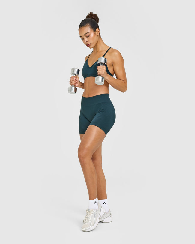 EnhanceLift™ Seamless Shorts with White Logo | Washed Oil Blue