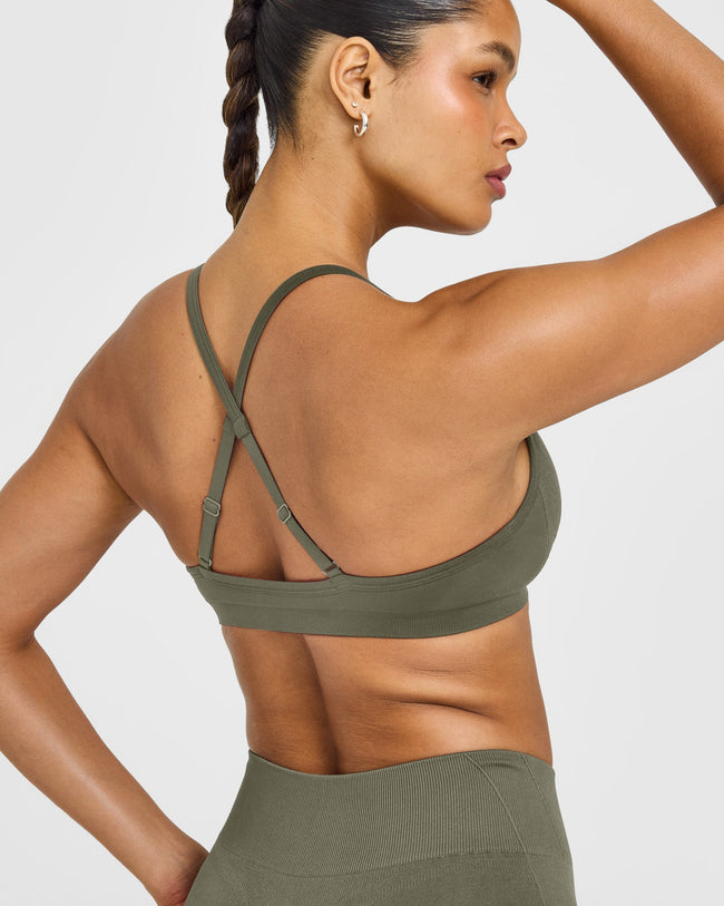 EnhanceLift™ Seamless Strappy Sports Bra with White Logo | Alpine Green