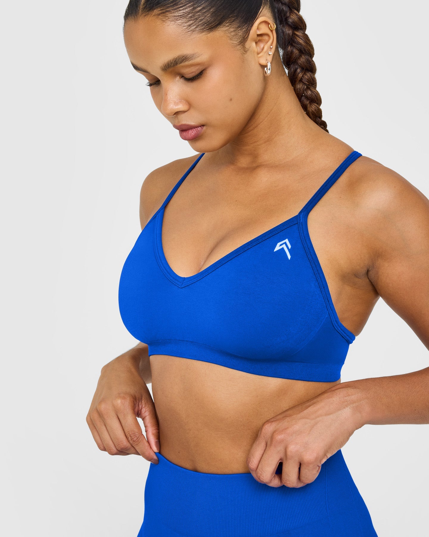 EnhanceLift™ Seamless Strappy Sports Bra with White Logo | Cobalt Blue
