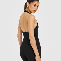 SoftMotion™ Halter Neck All In One Long with White Logo | Black