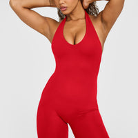 SoftMotion™ Halter Neck All In One Long with White Logo | Light Toasted Red