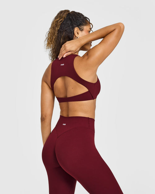 SoftMotion™ High Neck Sports Bra with White Logo | Light Rosewood