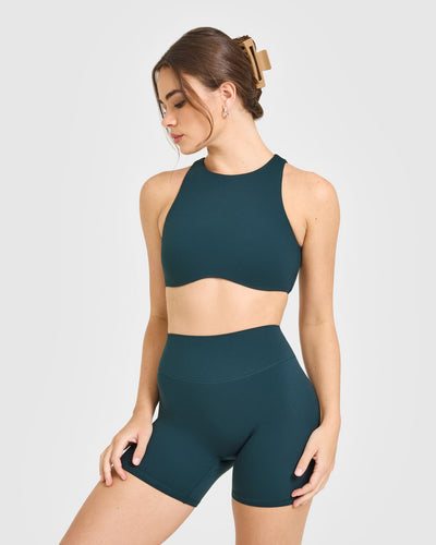 SoftMotion™ High Neck Sports Bra with White Logo | Oil Blue