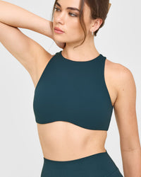SoftMotion™ High Neck Sports Bra with White Logo | Oil Blue