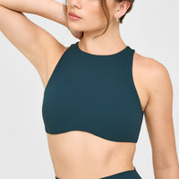 SoftMotion™ High Neck Sports Bra with White Logo | Oil Blue