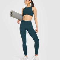 SoftMotion™ High Waisted Leggings with White Logo | Oil Blue