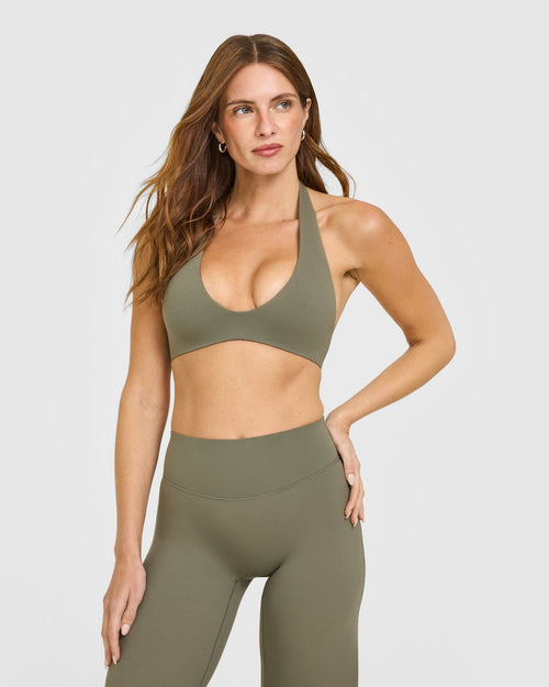 Oner Modal SoftMotion™ Minimal Halter Neck Bralette with White Logo | Alpine Green