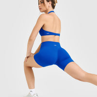 SoftMotion™ Minimal Halter Neck Bralette with White Logo | Light Cobalt Blue