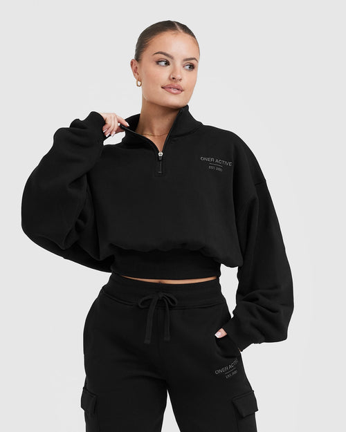 Oner Modal All Day Est 2020 Crop 1/4 Zip Sweatshirt | Black