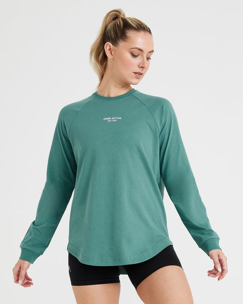 Oner Modal Graphic Oversized Long Sleeve Tee | Washed Mineral Green