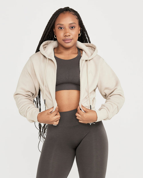 Oner Modal Classic Lounge Cropped Zip Through Hoodie | Sand
