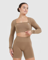Effortless Square Neck Crop Long Sleeve Top with White Logo | Walnut