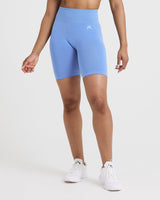 Effortless Seamless Cycling Shorts with White Logo | Light Denim