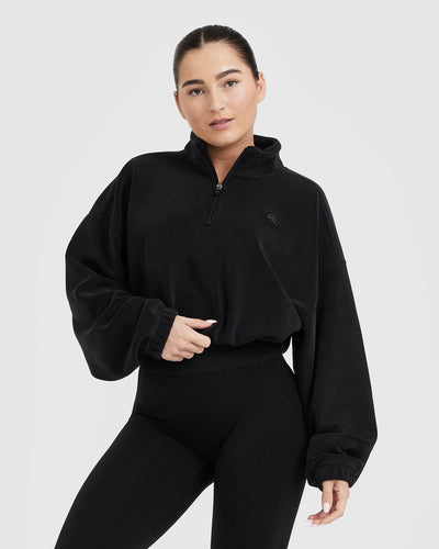 Fleece Oversized Crop 1/2 Zip Sweatshirt Black - Main Image