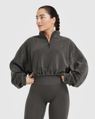 Fleece Oversized Crop 1/2 Zip Sweatshirt | Deep Taupe