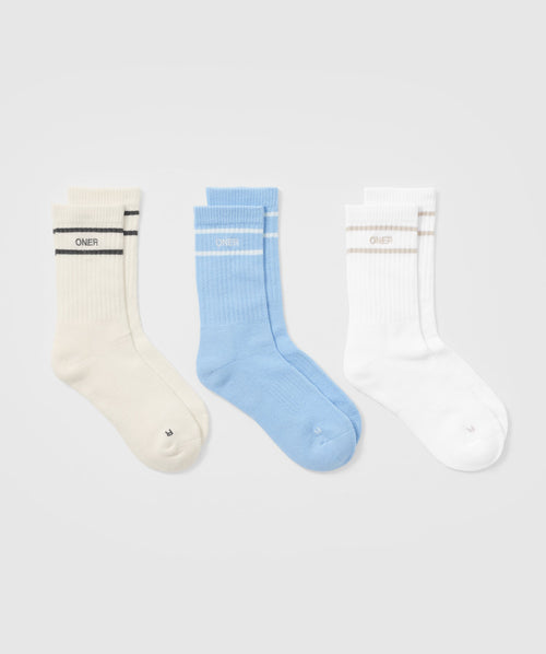 Oner Modal Varsity Crew Socks 3 Pack | Off White/Blue/White